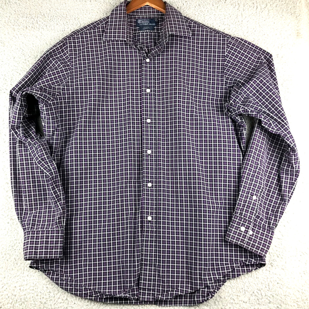 Ralph Lauren Mens Long Sleeve Shirt Purple Plaid Curham Classic Fit 16 1/2 Large